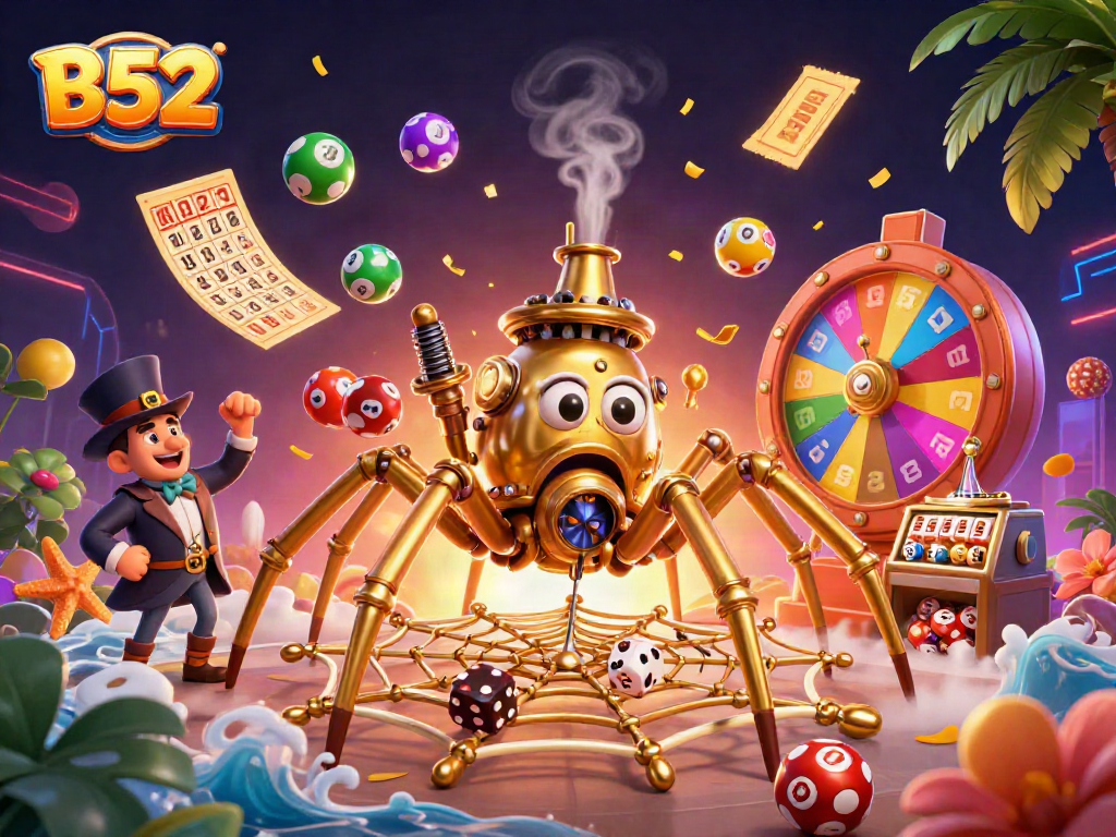 Experience thrilling B52 gaming with a rich 3D illustration of a spider-themed casino scene.
