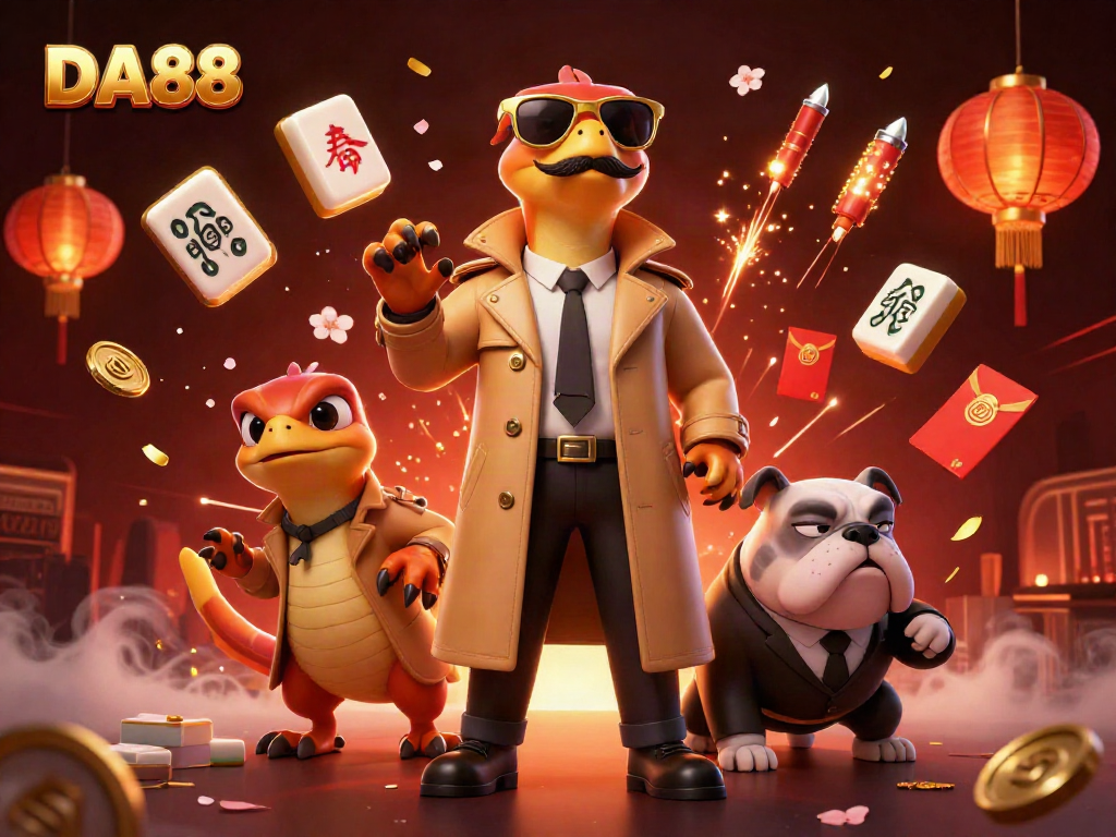 Three raptors in a trench coat at a DA88 casino lounge, evoking excitement and humor.