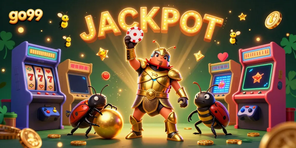 Experience the excitement of go99 with a 3D illustration of a victorious beetle champion celebrating a jackpot amidst vibrant gaming elements.