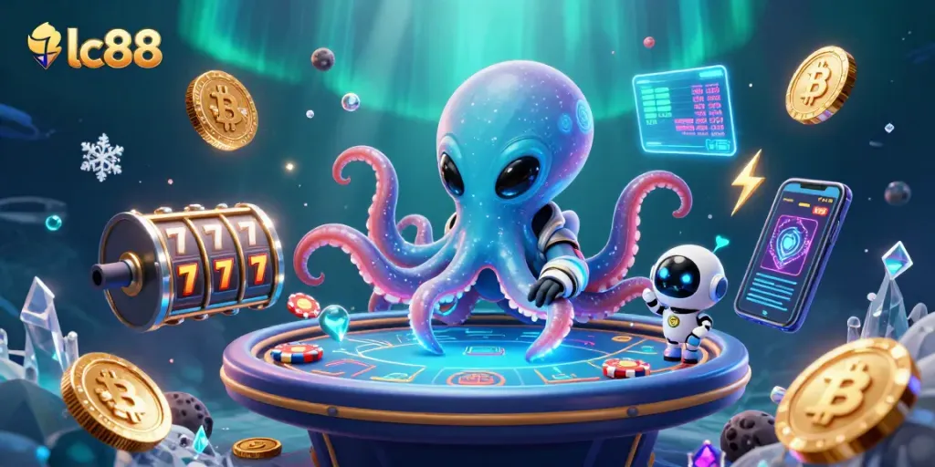 Experience thrilling gameplay with lc88 as an alien octopus operates a poker table filled with galactic treasures.