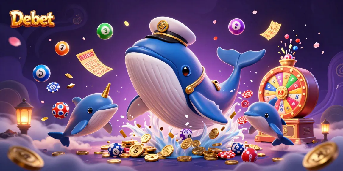 Debet brings fortune as a vibrant whale, narwhal, and dolphins play among colorful lottery elements.