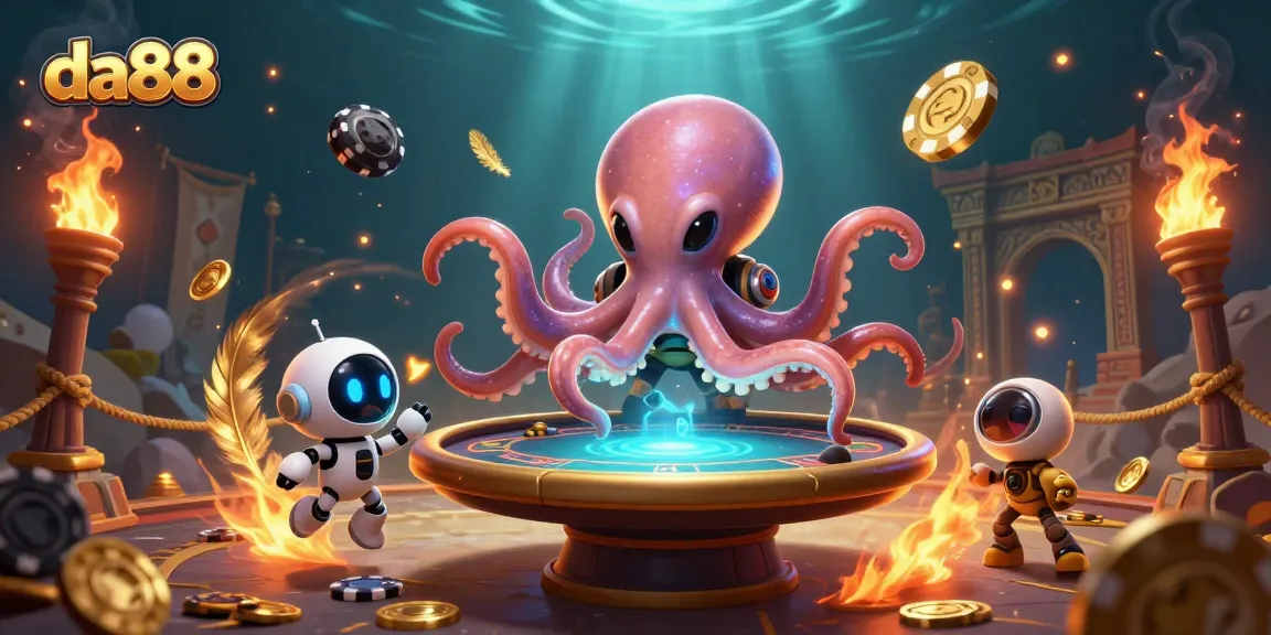da88 alien octopus showcasing poker with asteroid chips and a robot companion in a vibrant casino scene
