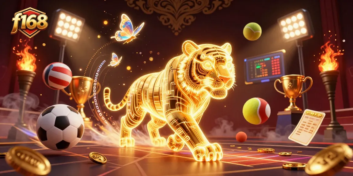 Experience thrilling gameplay at f168 with dynamic 3D casino action featuring a golden tiger and sports elements.