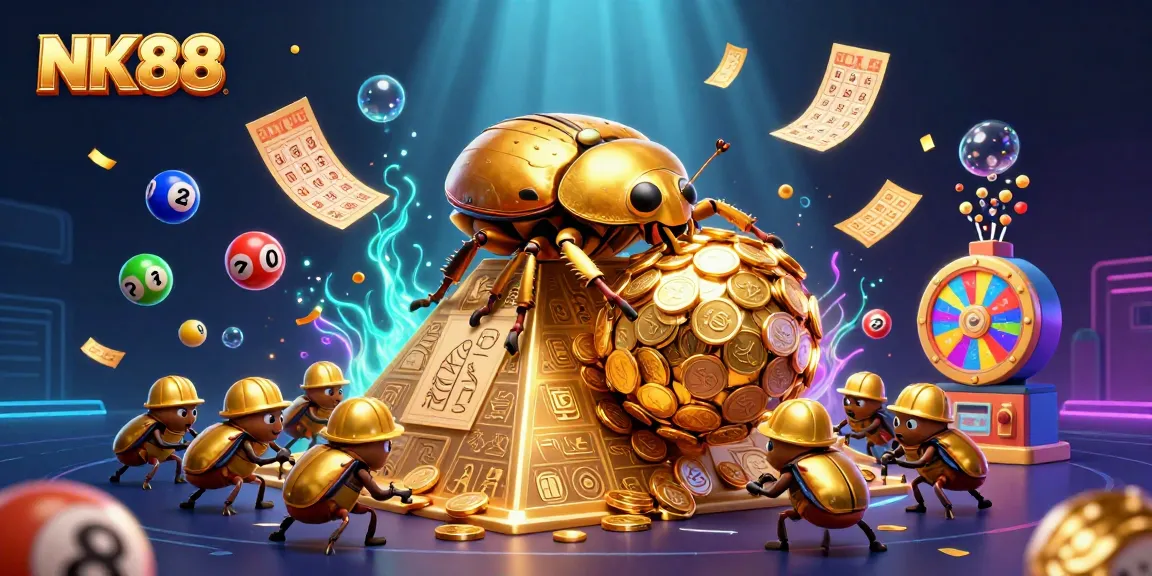 Experience exciting games and high rewards at NK88 in this dynamic 3D illustration.