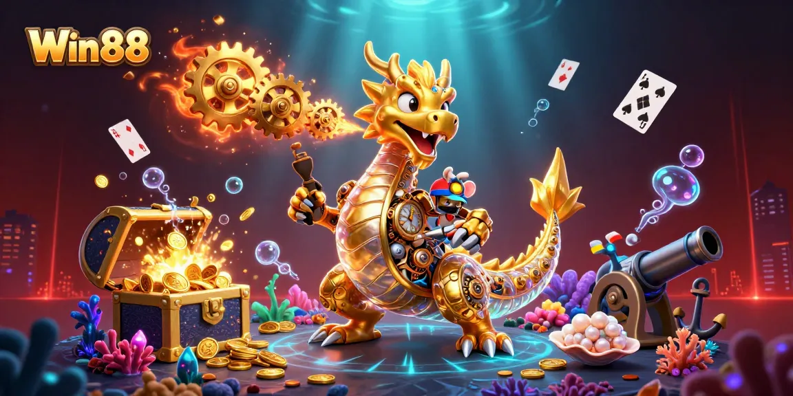 Win88 players revel in vibrant casino games with a golden dragon guardian in the background.