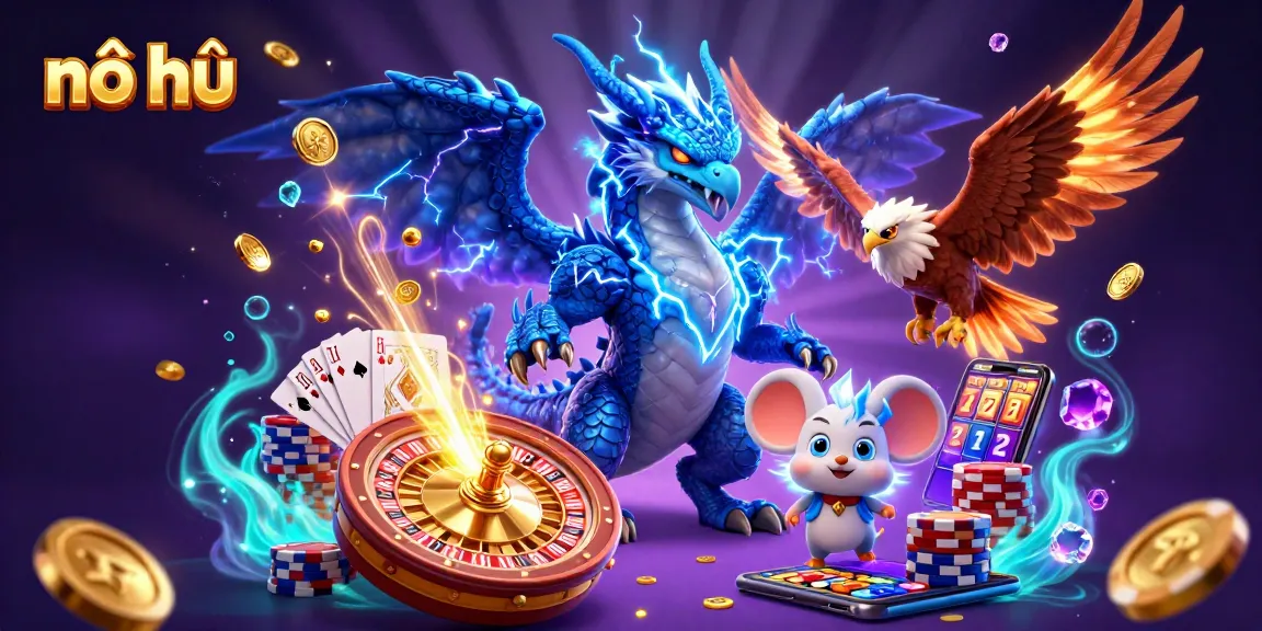 Experience nổ hũ excitement with dynamic casino elements and a powerful dragon illustration.