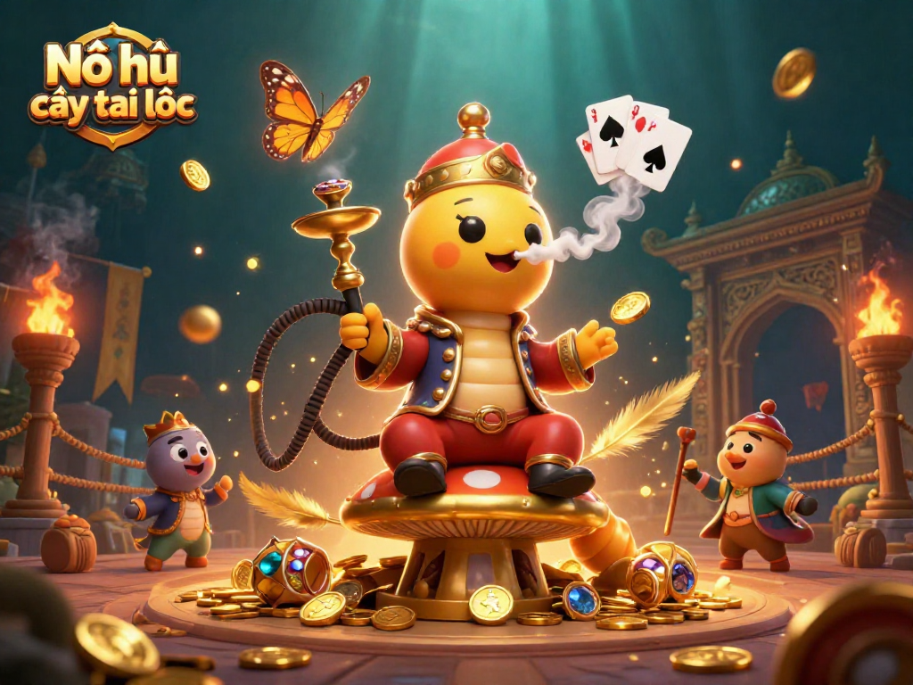 Nổ hũ cây tài lộc features a whimsical caterpillar in a Turkish outfit at a golden mushroom throne blowing poker symbols.