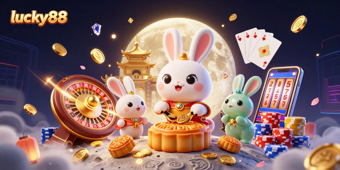 Experience lucky88's thrilling slot adventure with a folkloric moon rabbit and dazzling casino elements.