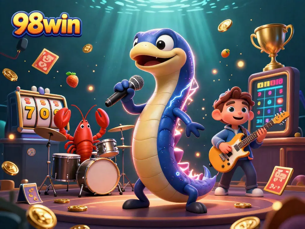 Engage in thrilling games at 98win's vibrant casino with dynamic illustrations of electric eel and friends.