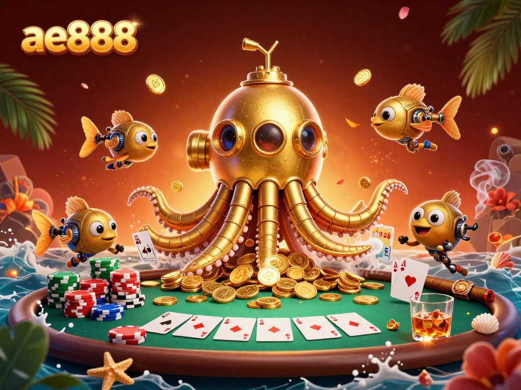 Engage with ae888's thrilling poker scene featuring a whimsical kraken submarine and vibrant casino elements.