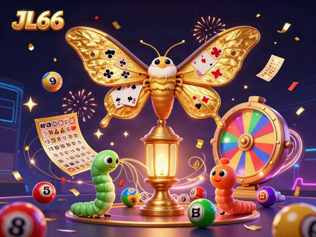 JL66's vibrant casino scene featuring a golden moth and colorful lottery elements raining down.