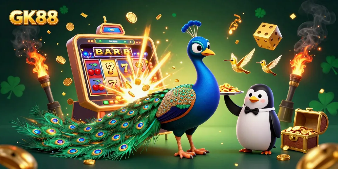 Experience GK88's vibrant casino world with a lively peacock and penguin in action.