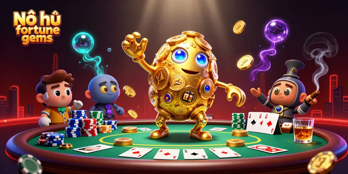 Spin the reels of Nổ hũ fortune gems, showcasing a vibrant scene filled with golden golems and poker elements.