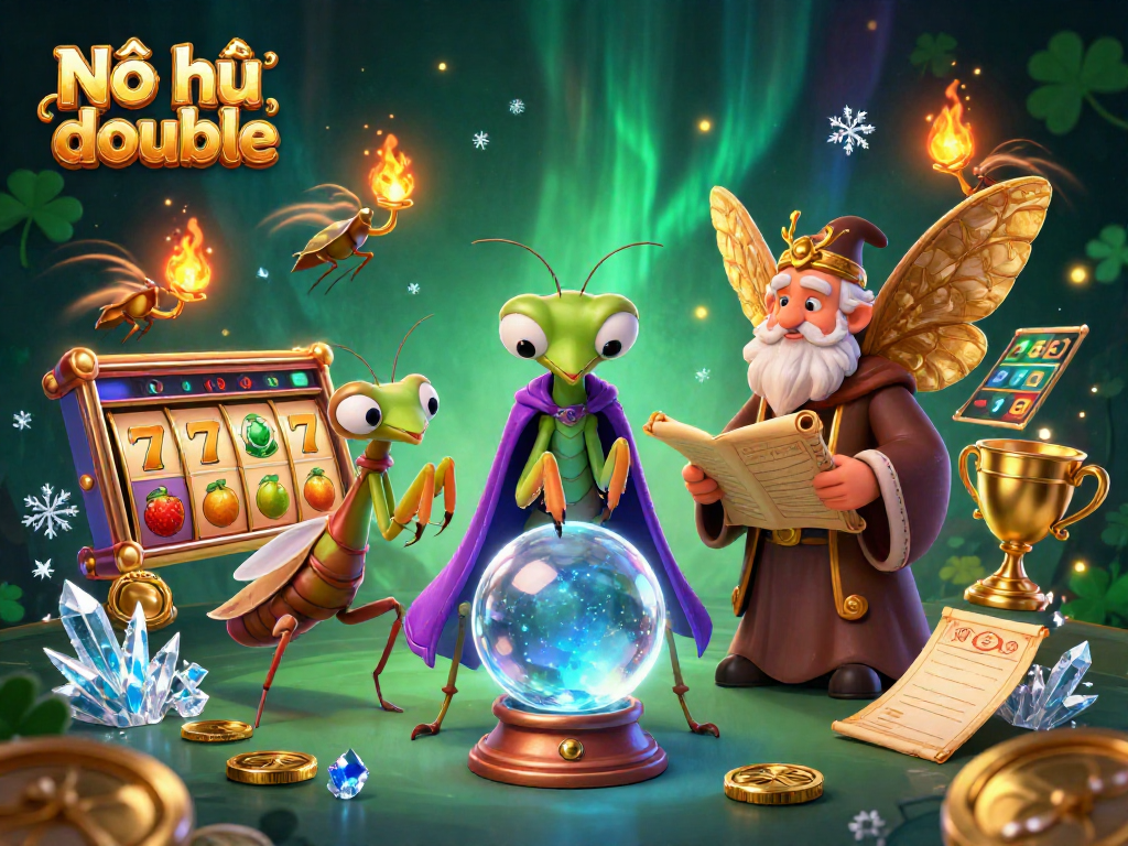 Nổ hũ double slot game adventure featuring a mystical fortune teller and wise librarian.