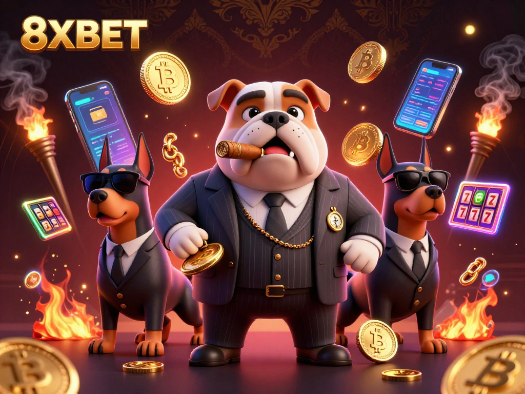 Experience thrilling gaming at 8XBET with a vibrant casino scene featuring a bulldog and Dobermans.
