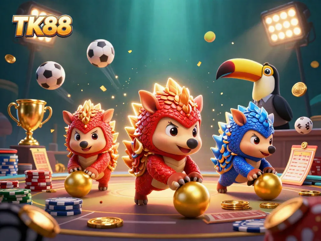 TK88 pangolins compete in a vibrant 3D casino, showcasing colorful poker chips and sports balls.