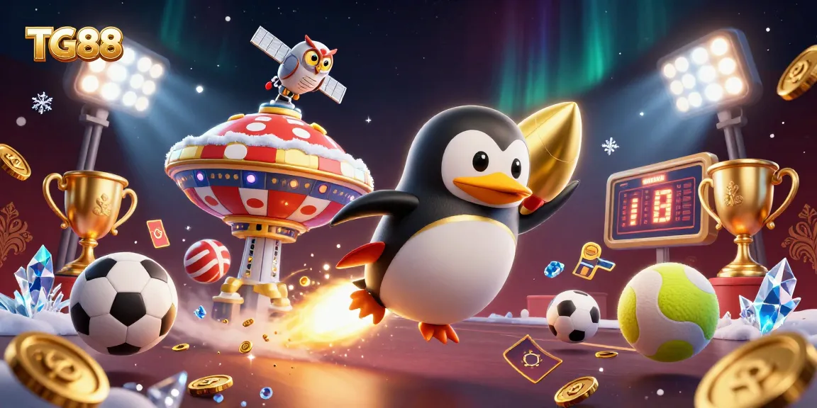 Experience the thrill with TG88's golden penguin launching into casino fun amidst floating sports elements.
