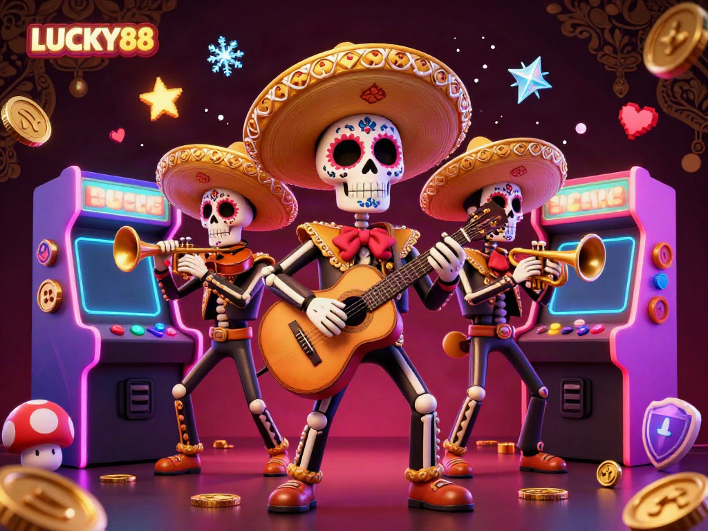 LUCKY88 online casino scene with vibrant 3D mariachis playing and colorful game elements.