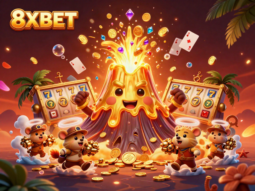 Experience the thrill of 8XBET with a vibrant scene of a golden volcano erupting treasure amidst slot elements.