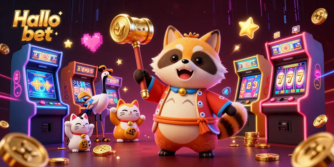 Engage with Halo bet through a vibrant scene featuring fortune cats, a tanuki, and thrilling gaming elements.