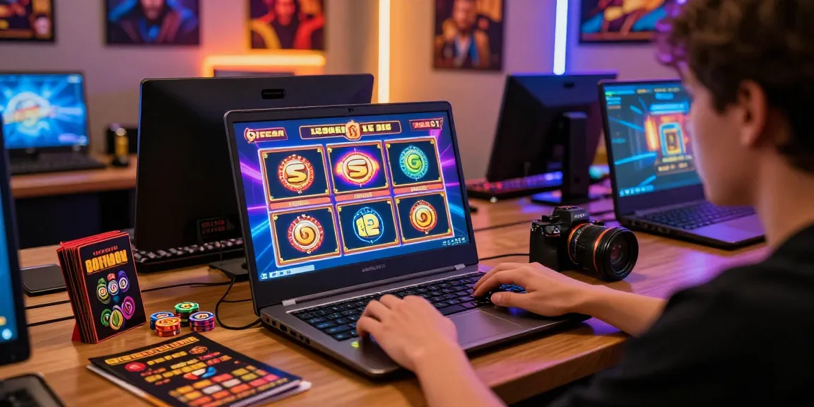Player enjoying slot gacor games at a vibrant gaming desk, showcasing excitement and community.