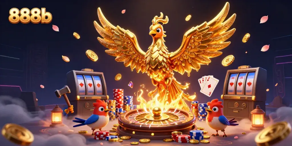 Experience the thrill of gaming at 888b with a captivating phoenix and casino elements.
