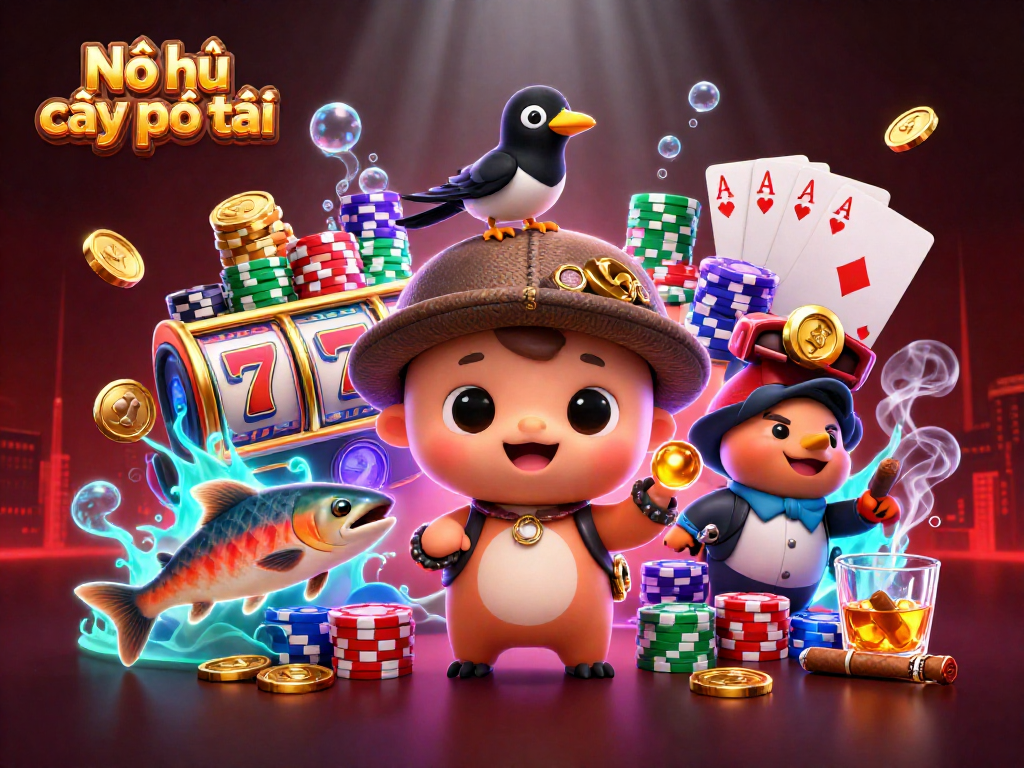Nổ hũ cây phát tài through a vibrant scene with cartoon characters, slot reels, and colorful poker elements