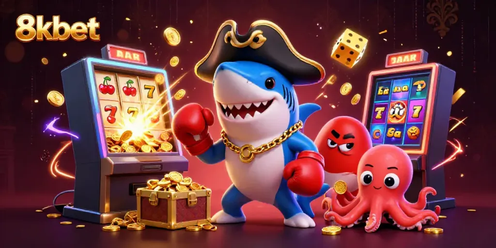Experience the excitement of 8xbet with vibrant characters, including a pirate shark and treasures.