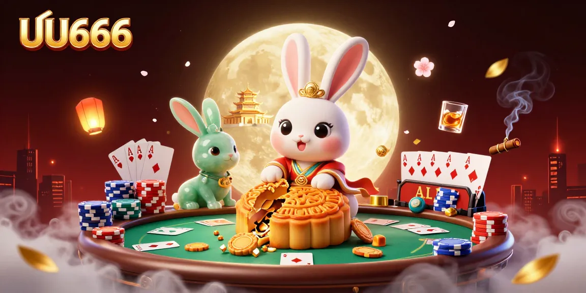 Witness the exciting UU666 gameplay as rabbits play poker in a magical moonlit scene.
