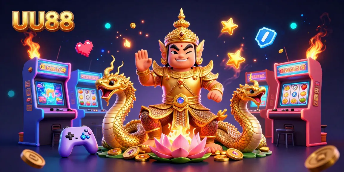 Engage with UU88 online gaming through a vibrant 3D illustration showcasing a Thai guardian and casino elements.