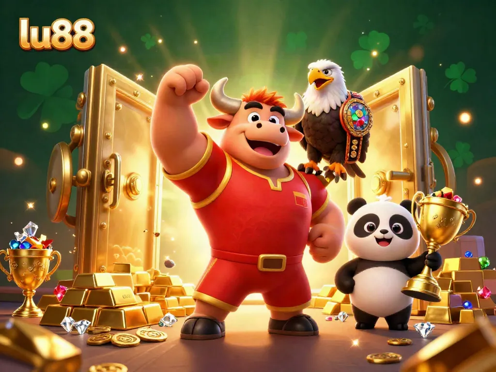Experience winning excitement at lu88 with a cartoon bull, eagle, and panda amidst treasure and gems.