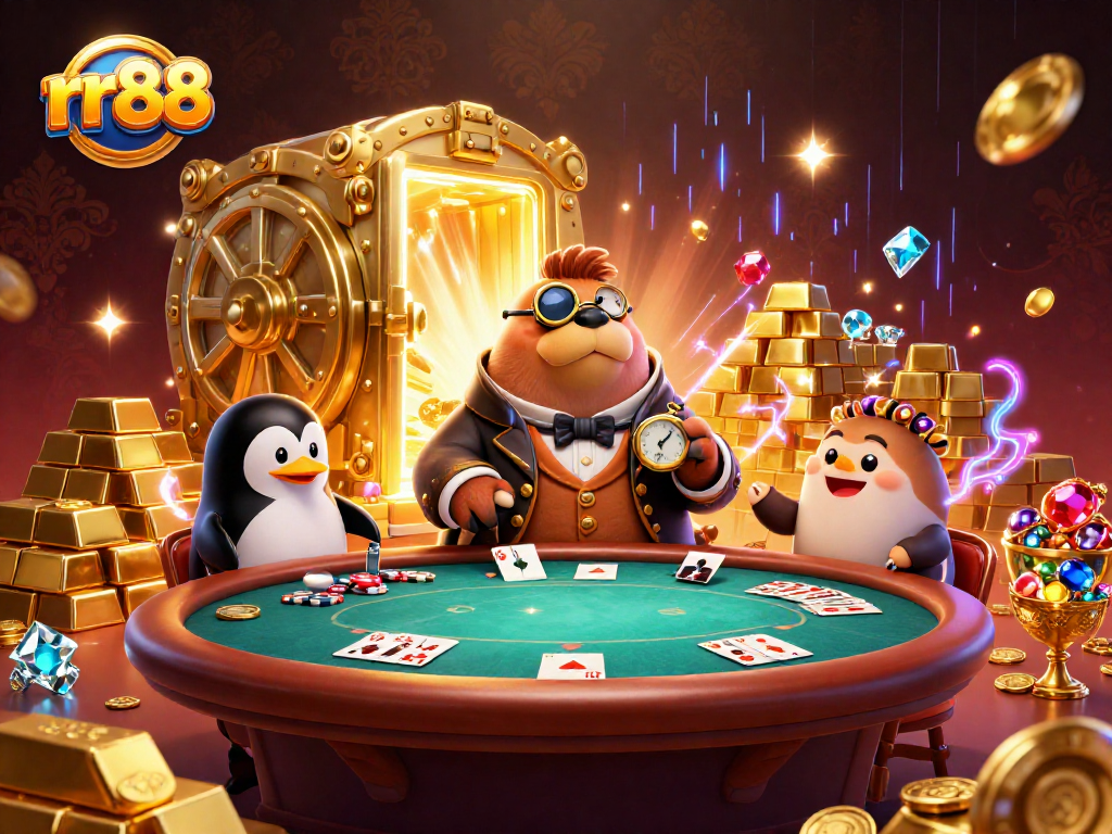 rr88 poker scene with a walrus and penguin dealer amidst sparkling jewels and treasure.
