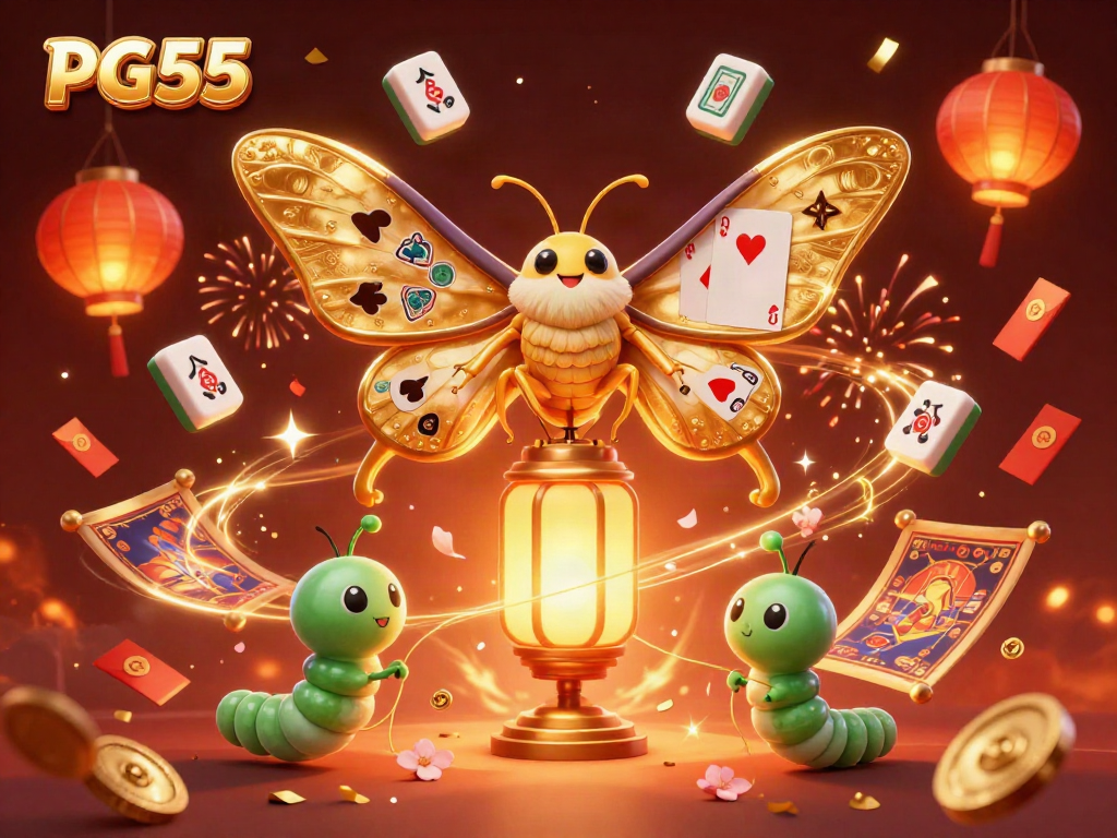 Join the fun at PG55 with an illustration of a vibrant casino scene featuring a majestic moth and rich gambling symbols.
