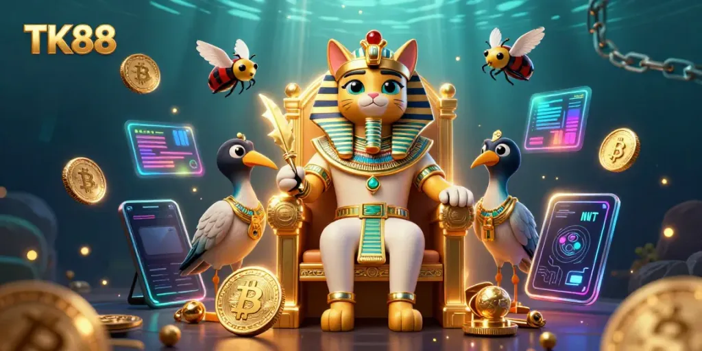 Engage in fun at TK88 with an Egyptian pharaoh cat and digital coins in an immersive casino scene.
