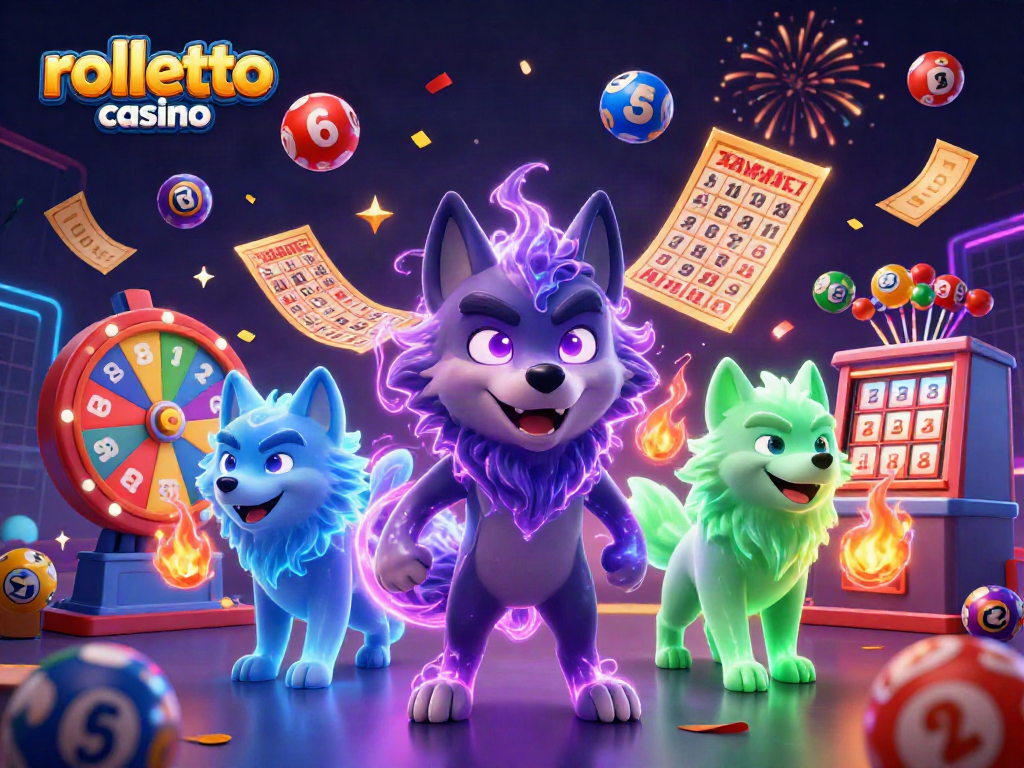 Play exciting games at Rolletto Casino with glowing wolves and vibrant lottery elements.