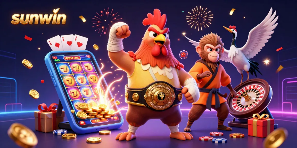 Engage with sunwin's vibrant casino excitement featuring a Muay Thai rooster and martial artists.