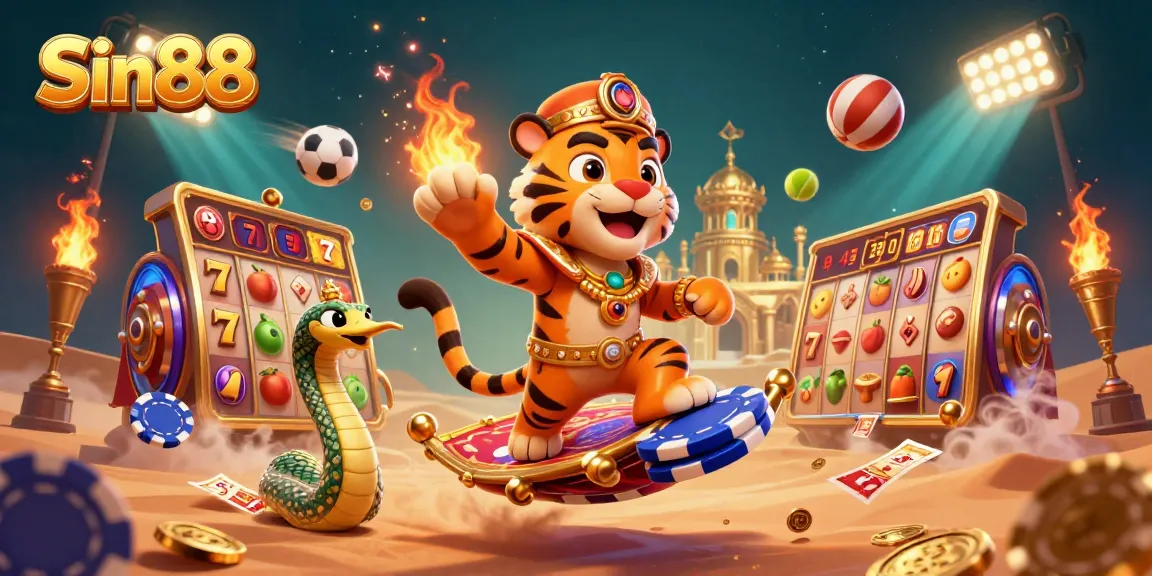 Engage with Sin88's dynamic casino atmosphere featuring a vibrant Arabian-themed scene with slots and sports elements.