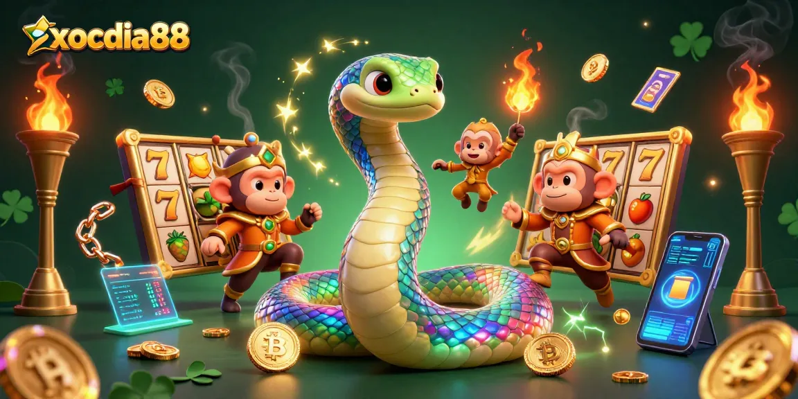 xocdia88 features a vibrant scene with a colorful serpent, slot elements, and cryptocurrencies, perfect for casino enthusiasts.