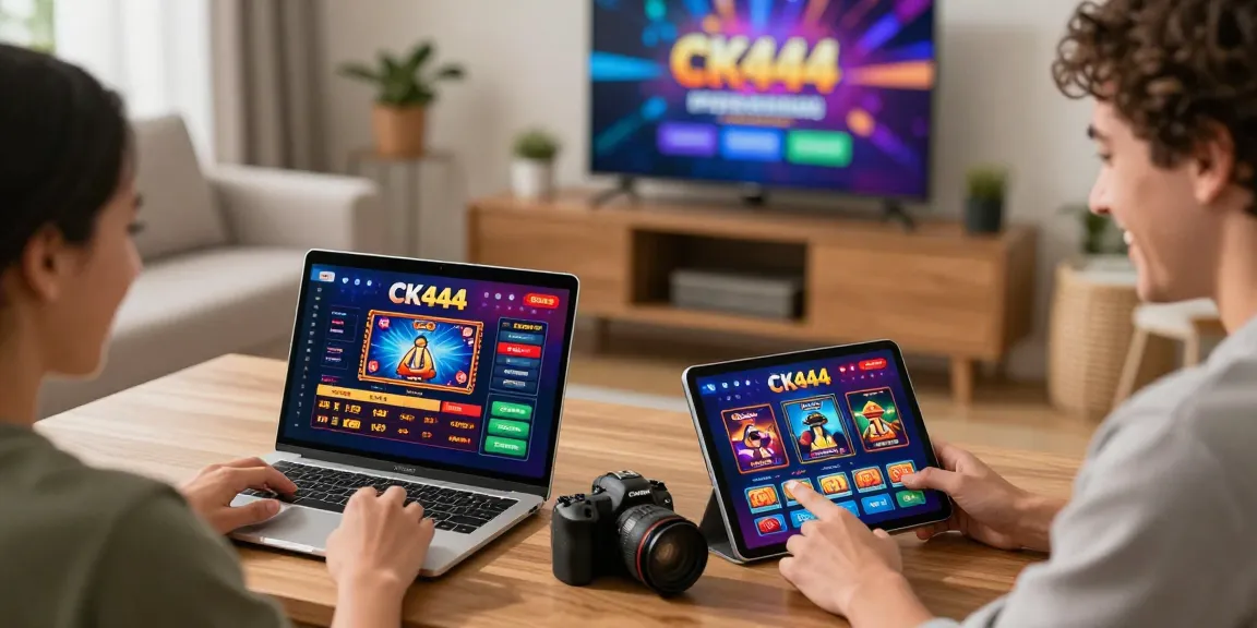 Players using CK444 on various devices in a vibrant home gaming space, showcasing excitement and engagement.