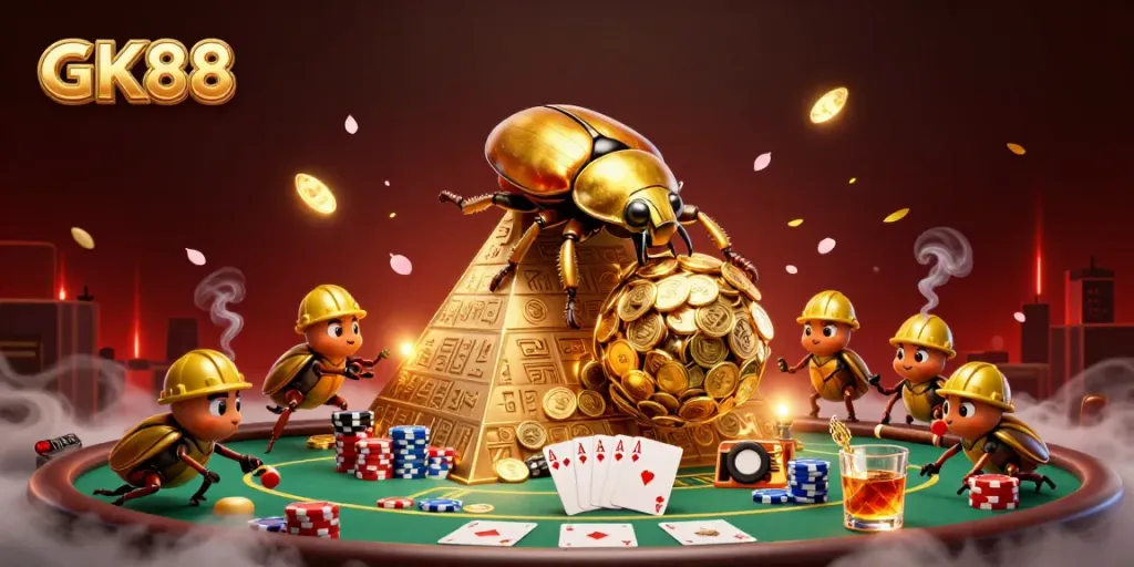 Celebrate wins at GK88 with a golden beetle scene depicting dynamic casino elements.
