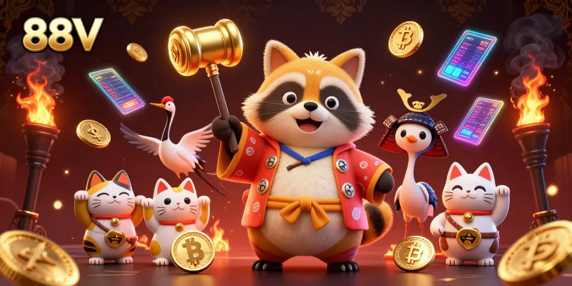 Experience 88VV's vibrant gambling universe with dynamic casino illustrations showcasing characters and crypto elements.