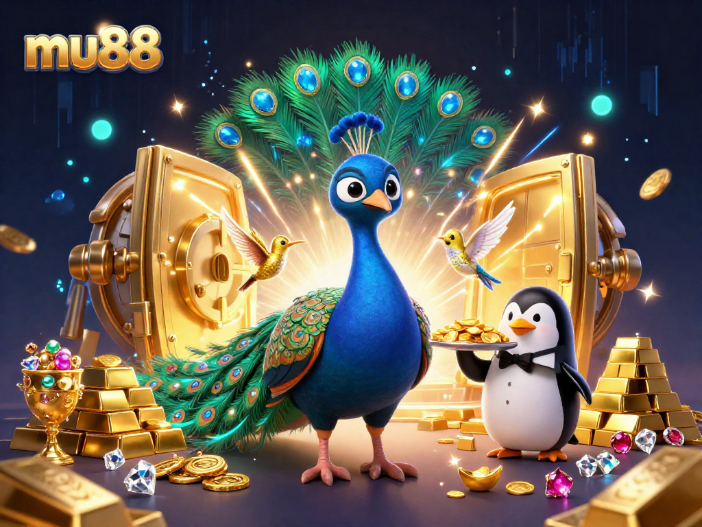 Experience mu88's vibrant casino thrills with a dazzling peacock, penguin butler, and hummingbird under golden treasure lights.