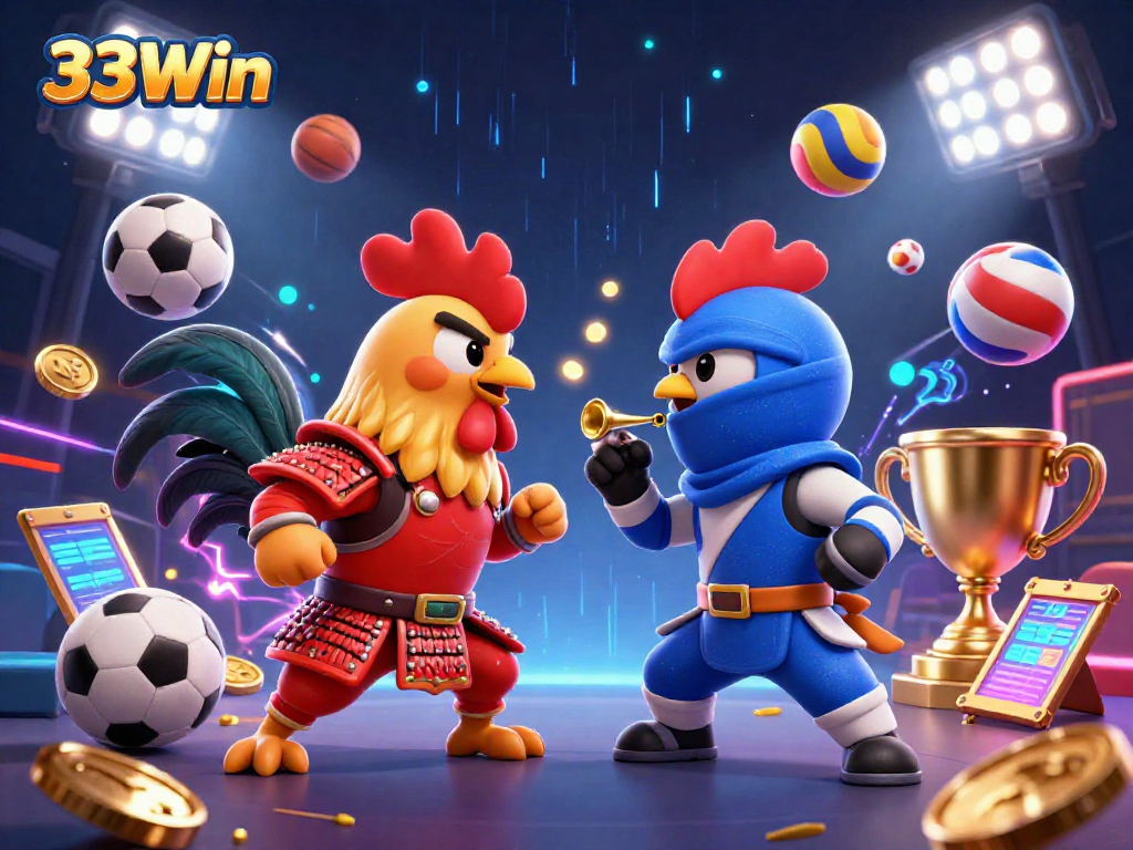 Experience the excitement of 33Win with dynamic sports betting action featuring unique cartoon roosters.
