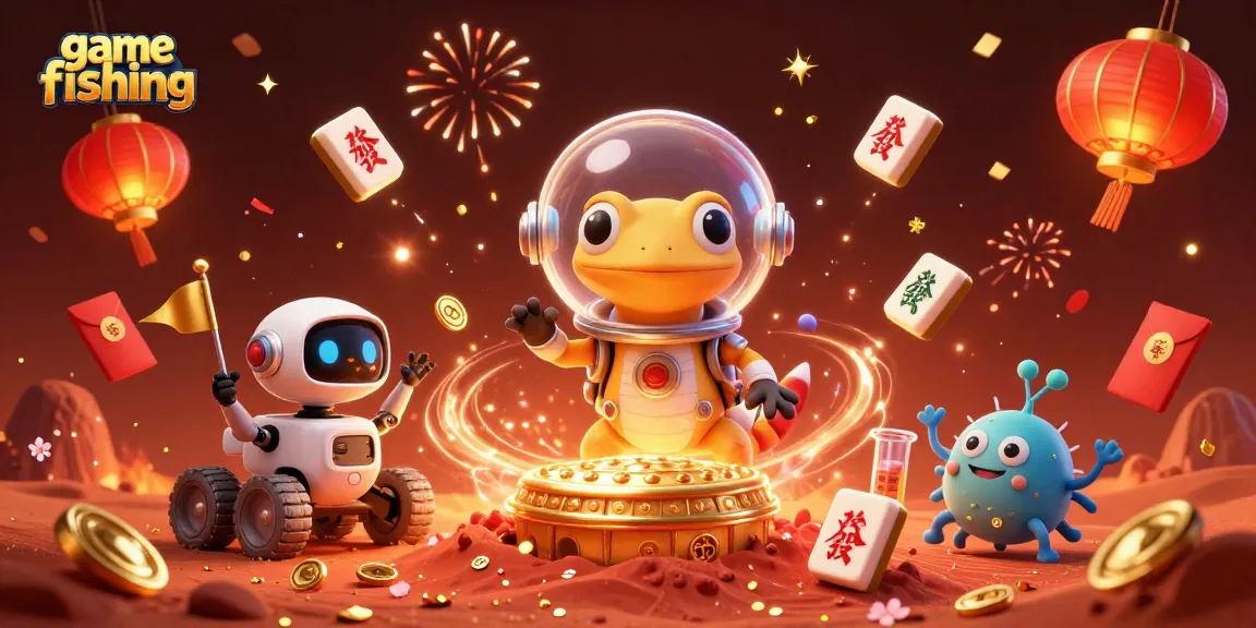 game fishing scene featuring a Martian gecko uncovering a golden casino in vibrant red sands