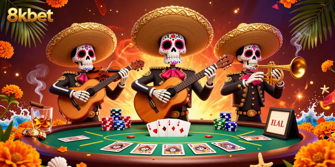 Engage with 8kbet's adventurous gaming scene featuring a vibrant mariachi band amidst a lively poker table setup.