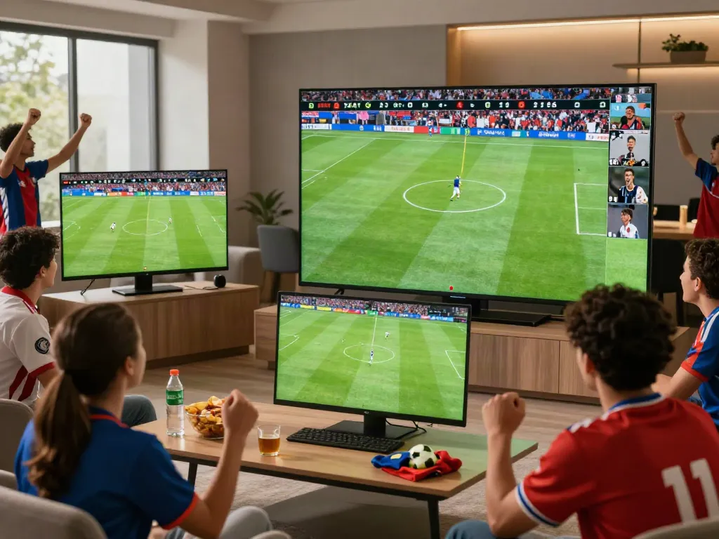Socolive live football match streaming scene with enthusiastic fans in a vibrant lounge.