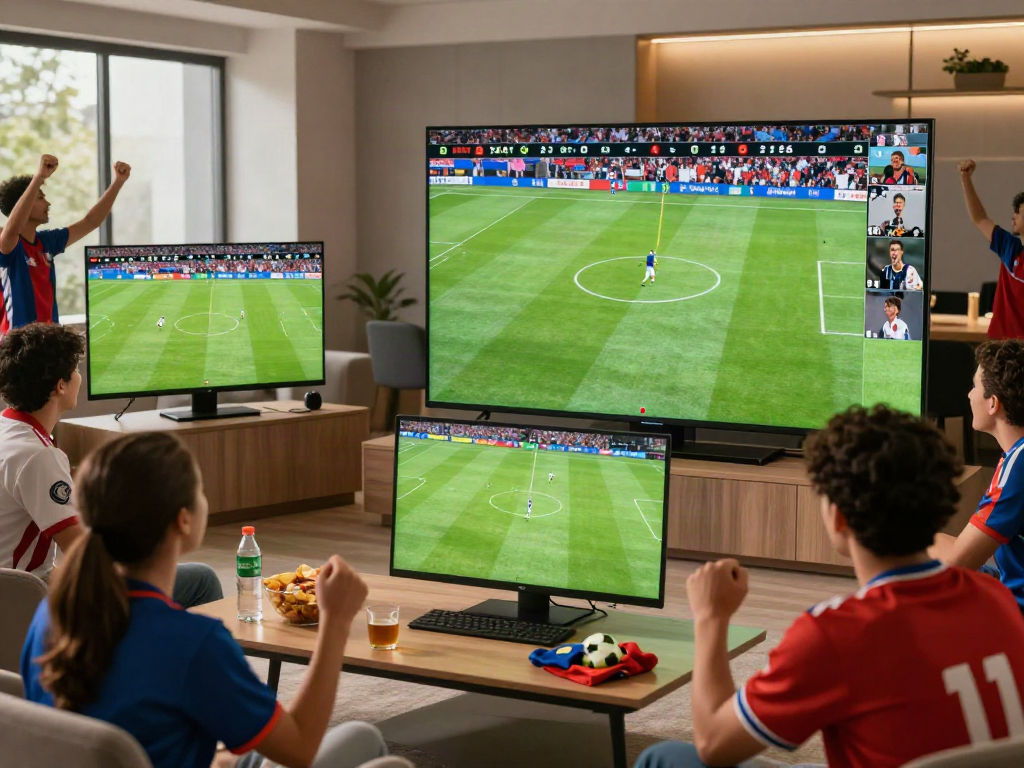 Socolive live football match streaming scene with enthusiastic fans in a vibrant lounge.