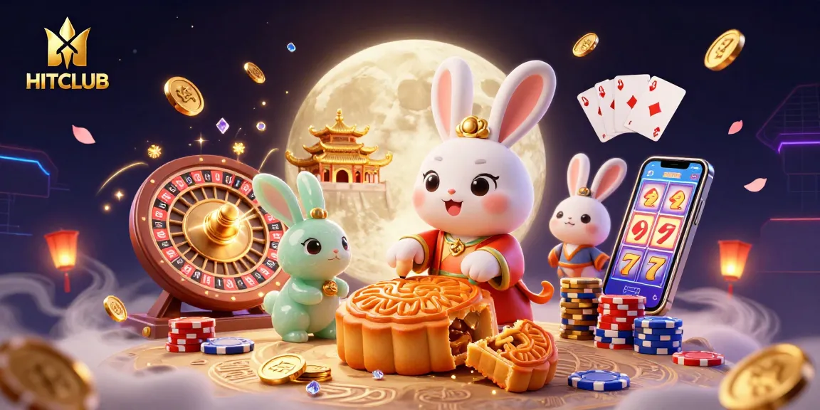 Experience HITCLUB's magical gaming world with a 3D illustration of a moon rabbit unlocking poker chips.