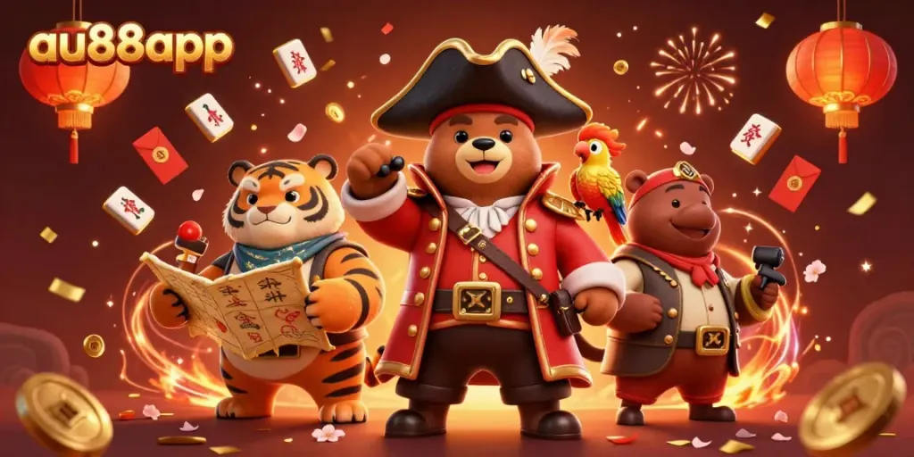 Join the thrilling adventure at au88app with this vibrant illustration of a pirate bear, his tiger first mate, and luck-filled casino treasures.