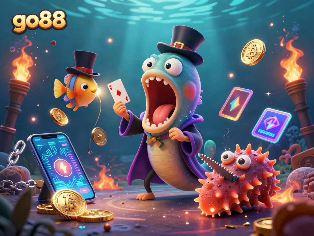 Experience go88 thrills with a vibrant underwater casino-themed magic show featuring glowing coins and sea creatures.